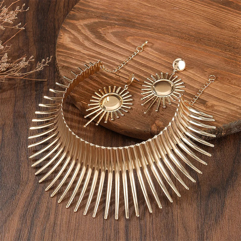 African Gold Color Metal Big Exaggerated Choker Necklace And Earrings