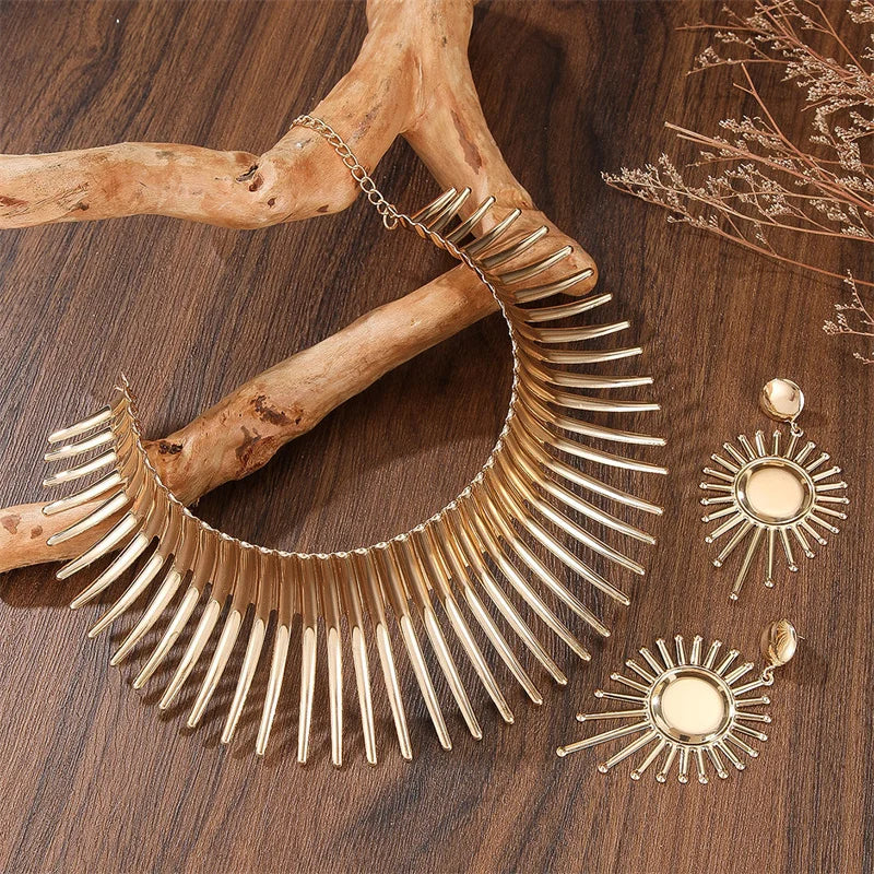 African Gold Color Metal Big Exaggerated Choker Necklace And Earrings