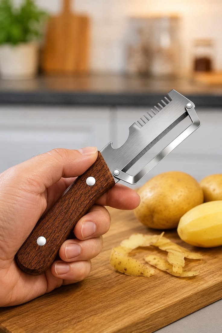 3 In 1 Stainless Steel Vegetable Peeler Cutter with Wooden Handle | Fruit Peeler Potato Carrot Cucumber Slicer | Bottle Opener Kitchen Tool
